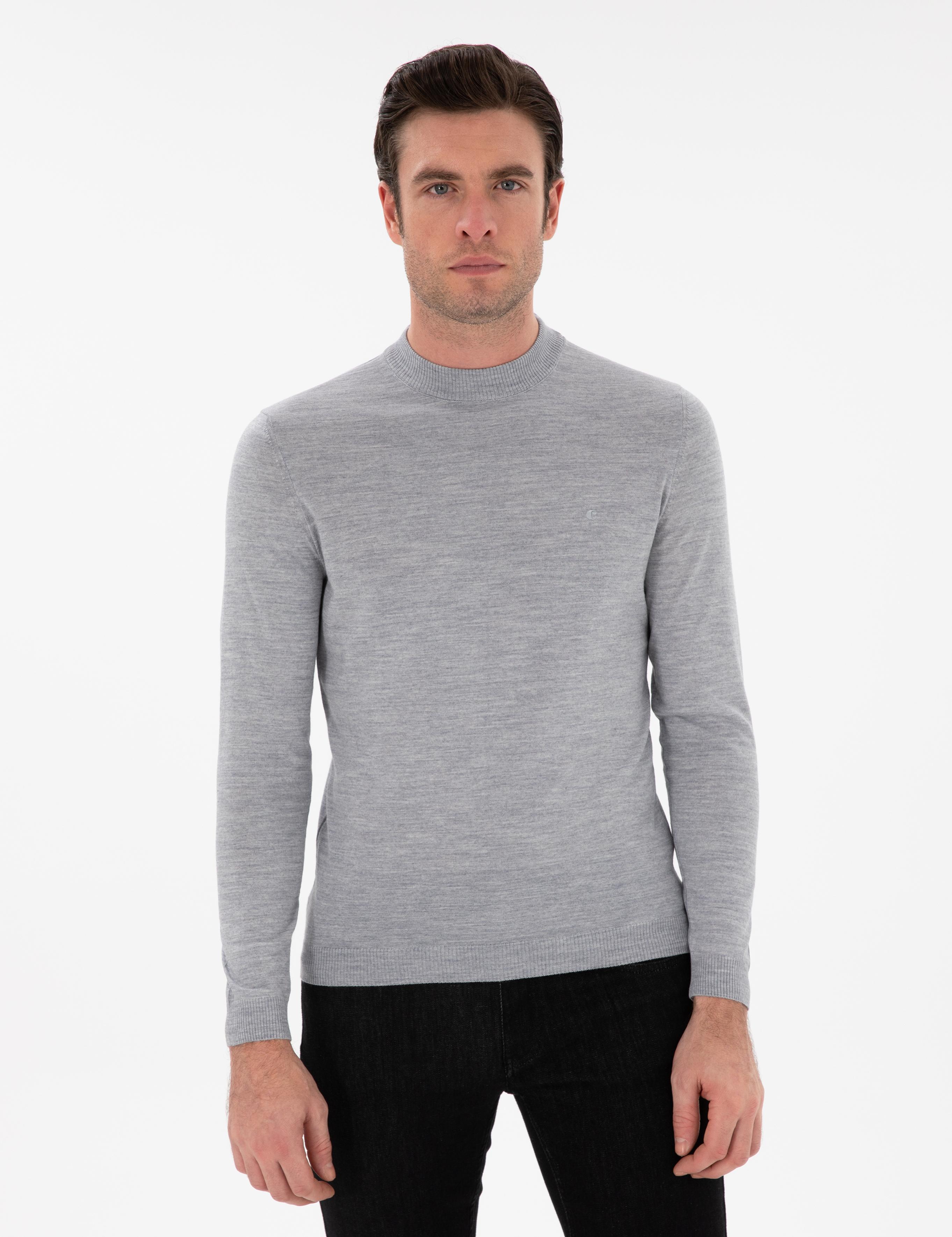 Gri Slim Fit Yün Karışımlı Çeyrek Balıkçı Yaka Basic Triko Kazak - 50296402094