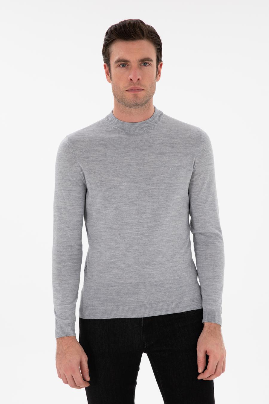 Gri Slim Fit Yün Karışımlı Çeyrek Balıkçı Yaka Basic Triko Kazak - 50296402094
