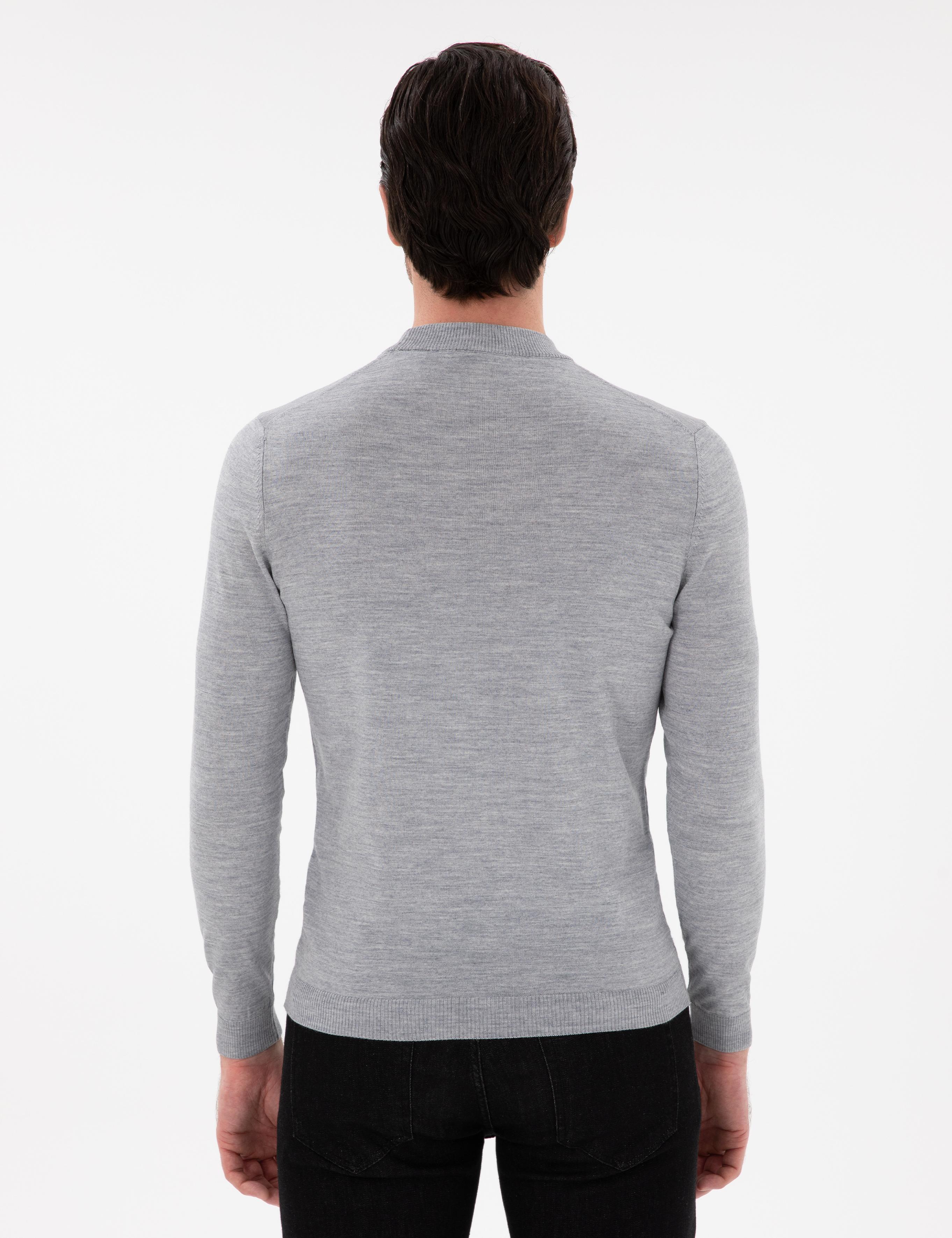 Gri Slim Fit Yün Karışımlı Çeyrek Balıkçı Yaka Basic Triko Kazak - 50296402094
