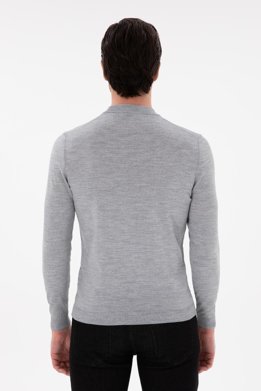 Gri Slim Fit Yün Karışımlı Çeyrek Balıkçı Yaka Basic Triko Kazak - 50296402094