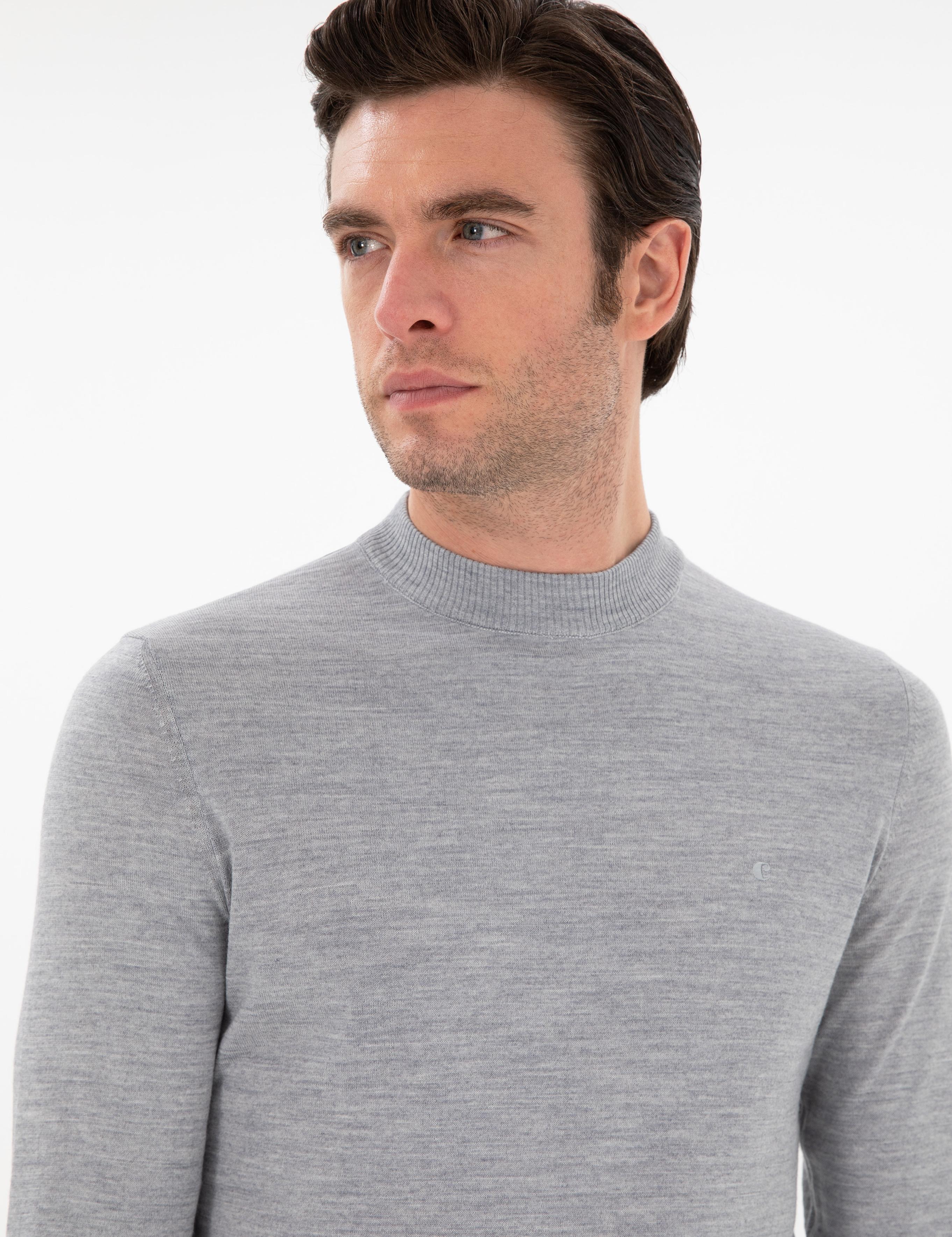 Gri Slim Fit Yün Karışımlı Çeyrek Balıkçı Yaka Basic Triko Kazak - 50296402094