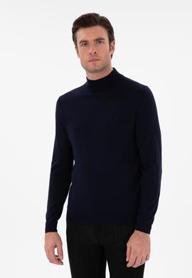 Lacivert Slim Fit Yün Karışımlı Yarım Balıkçı Yaka Basic Triko Kazak