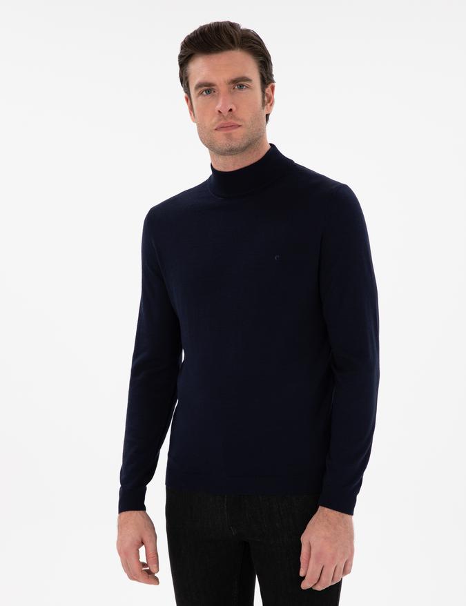 Lacivert Slim Fit Yün Karışımlı Yarım Balıkçı Yaka Basic Triko Kazak