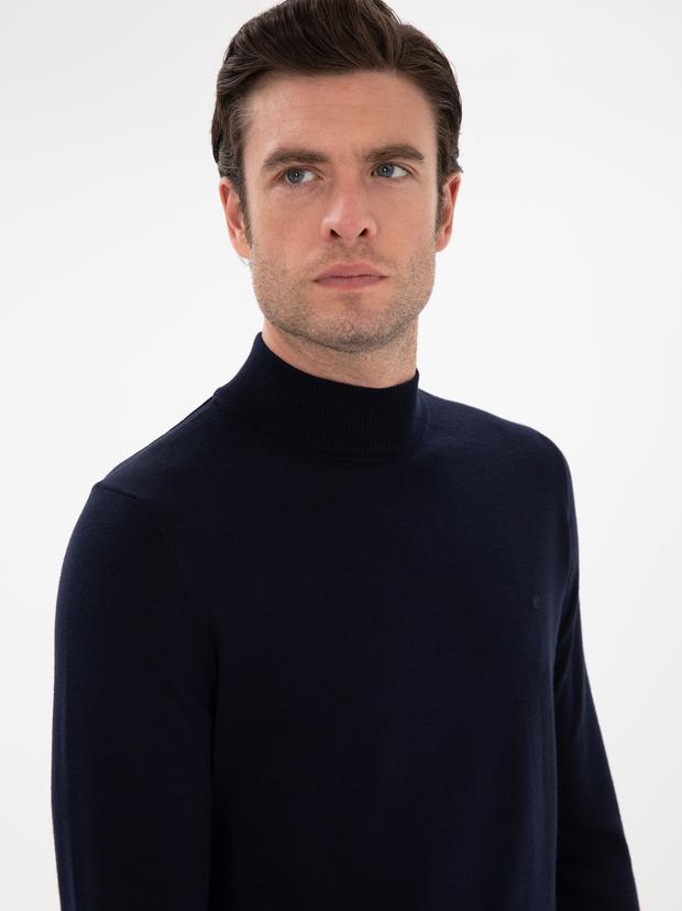 Lacivert Slim Fit Yün Karışımlı Yarım Balıkçı Yaka Basic Triko Kazak