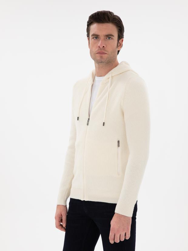 Ekru Slim Fit Triko Hırka