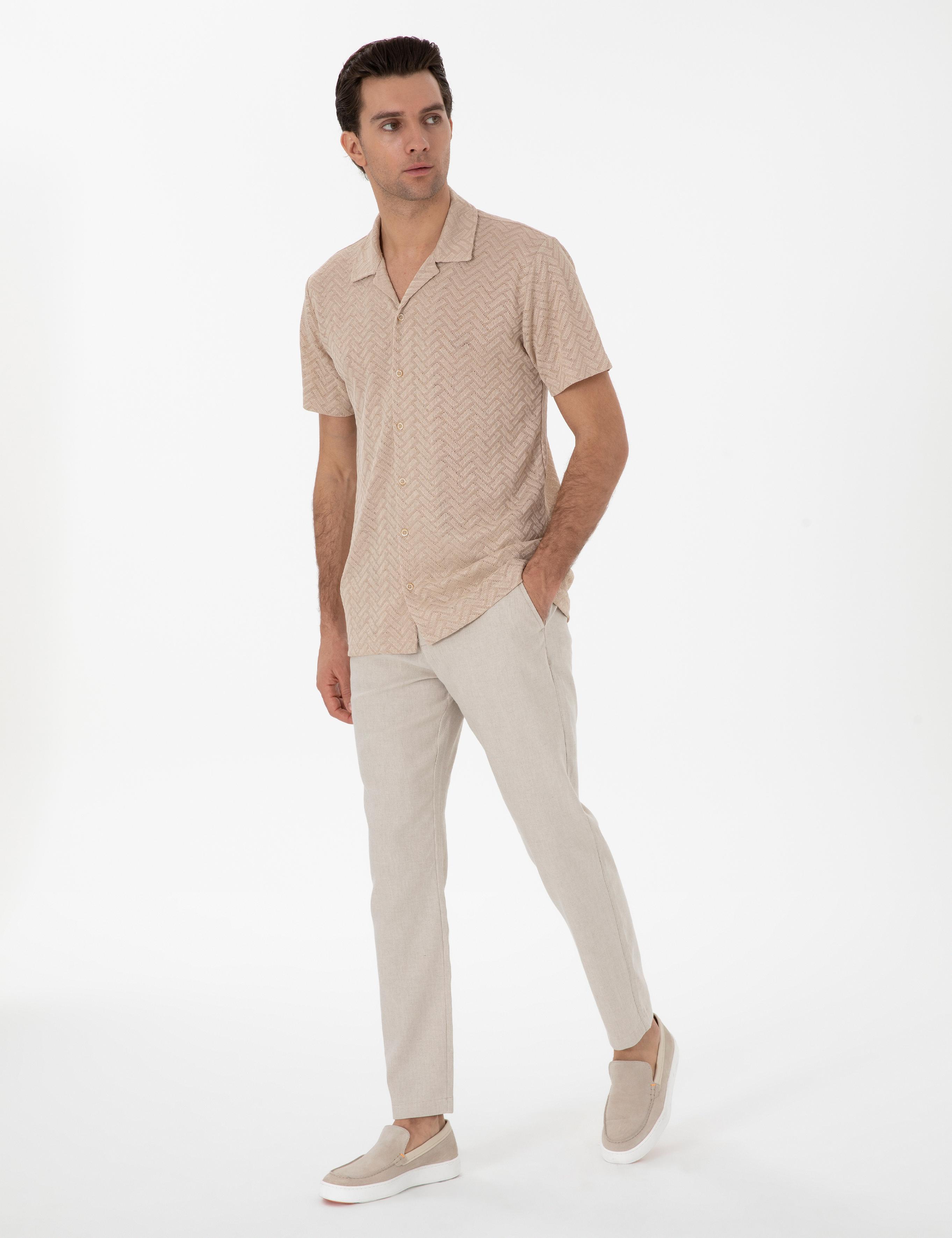 Bej Regular Fit Apaş Yaka Örme Gömlek - 50306181001