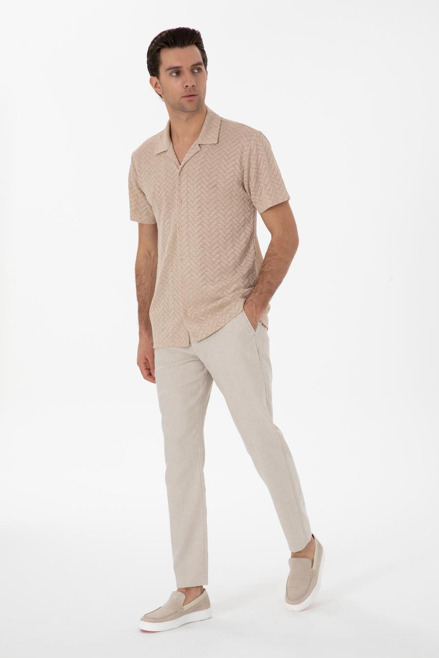 Bej Regular Fit Apaş Yaka Örme Gömlek - 50306181001