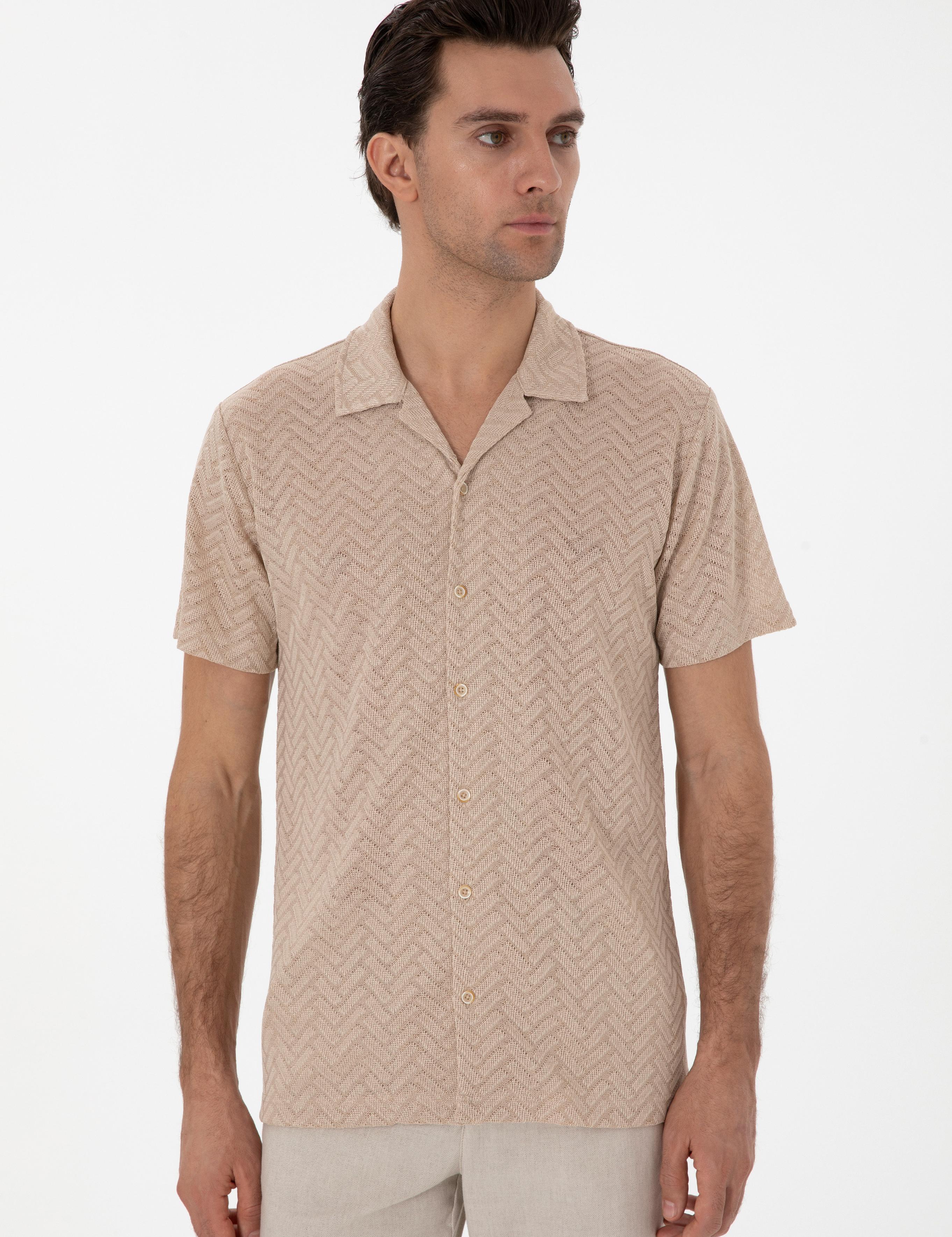 Bej Regular Fit Apaş Yaka Örme Gömlek - 50306181001