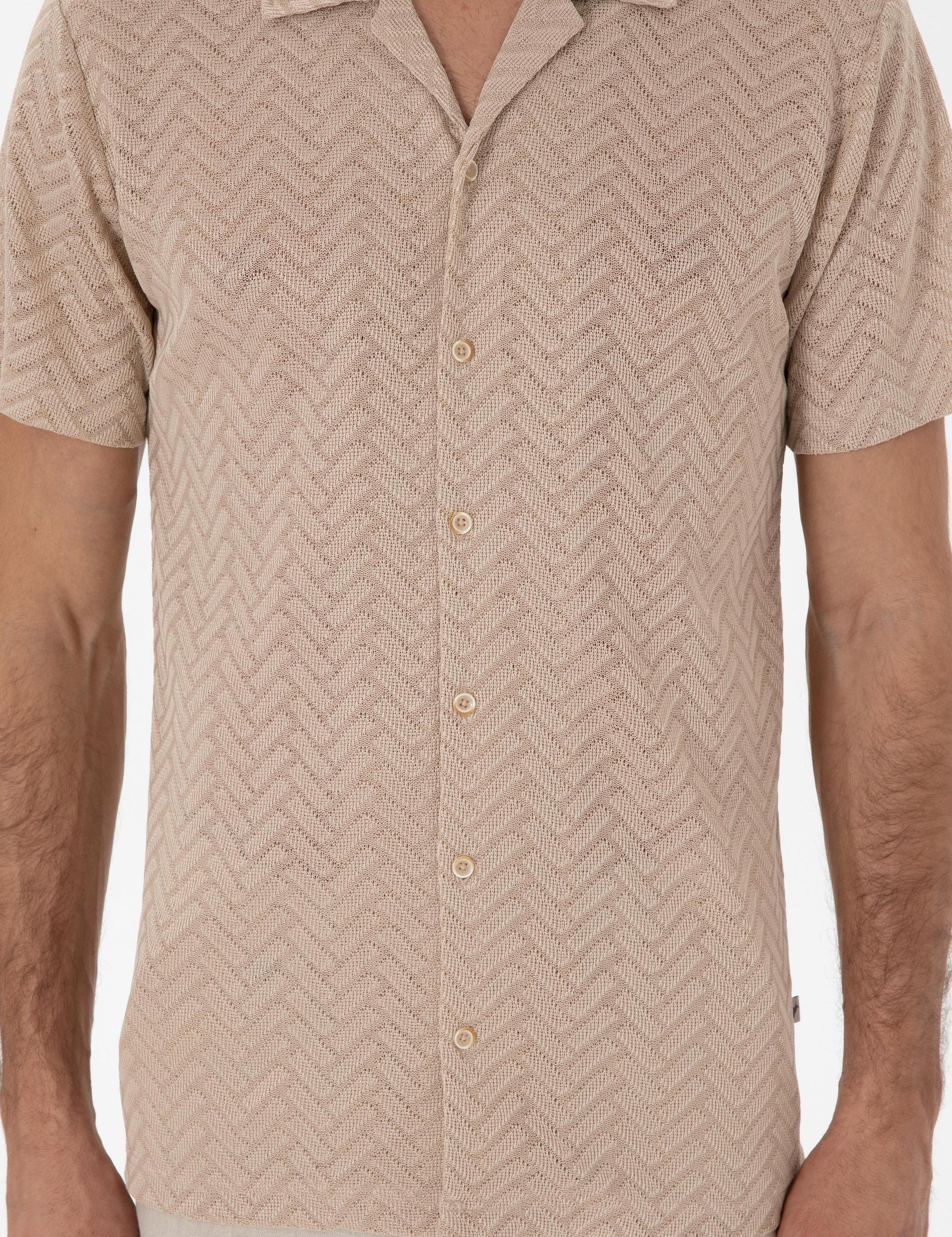Bej Regular Fit Apaş Yaka Örme Gömlek - 50306181001