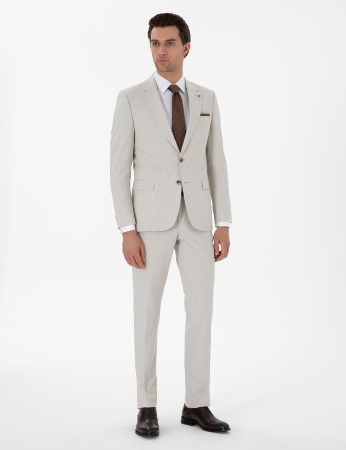 Bej Slim Fit Kazayağı Takım Elbise