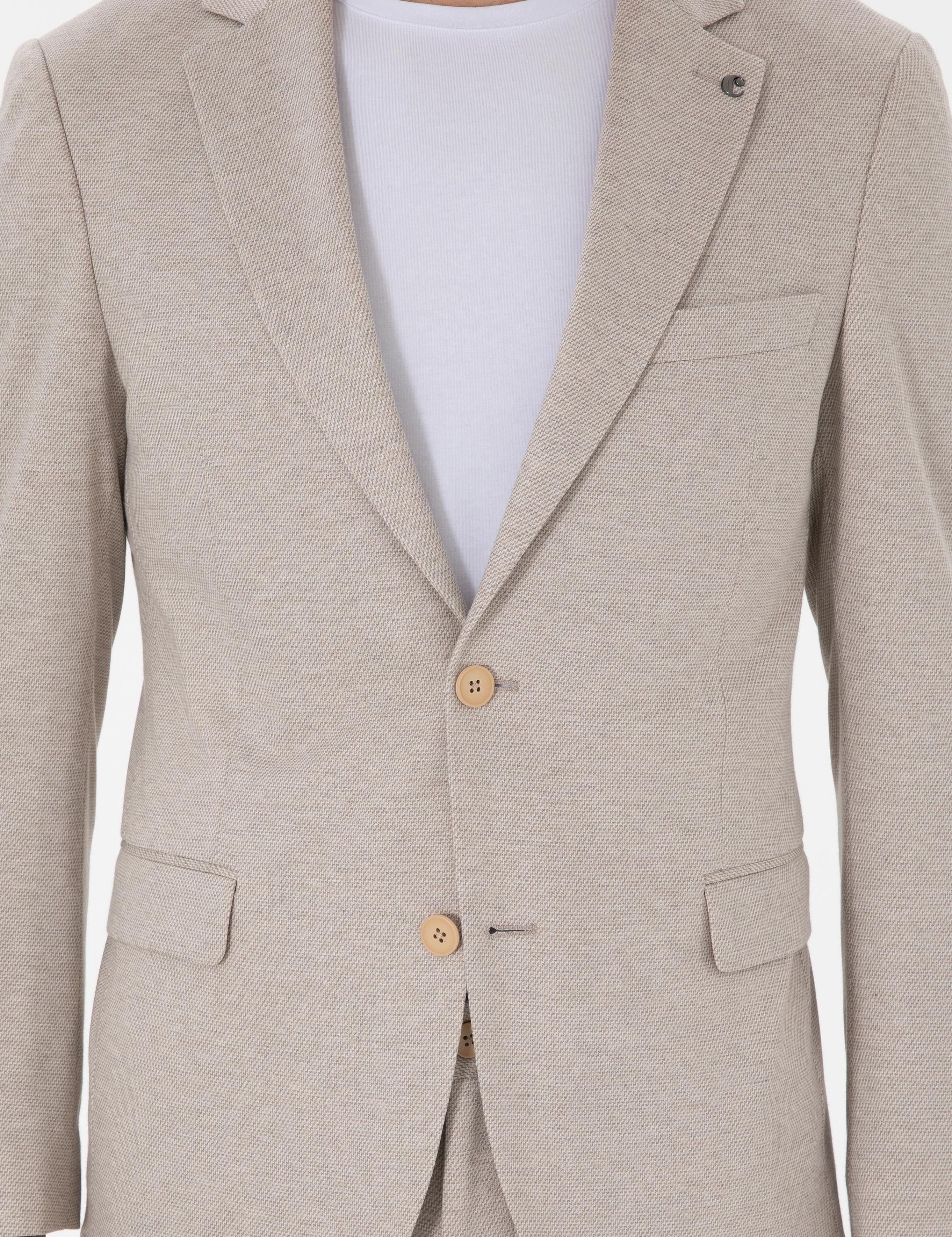 Bej Slim Fit Dokulu Takım Elbise - 50307680038