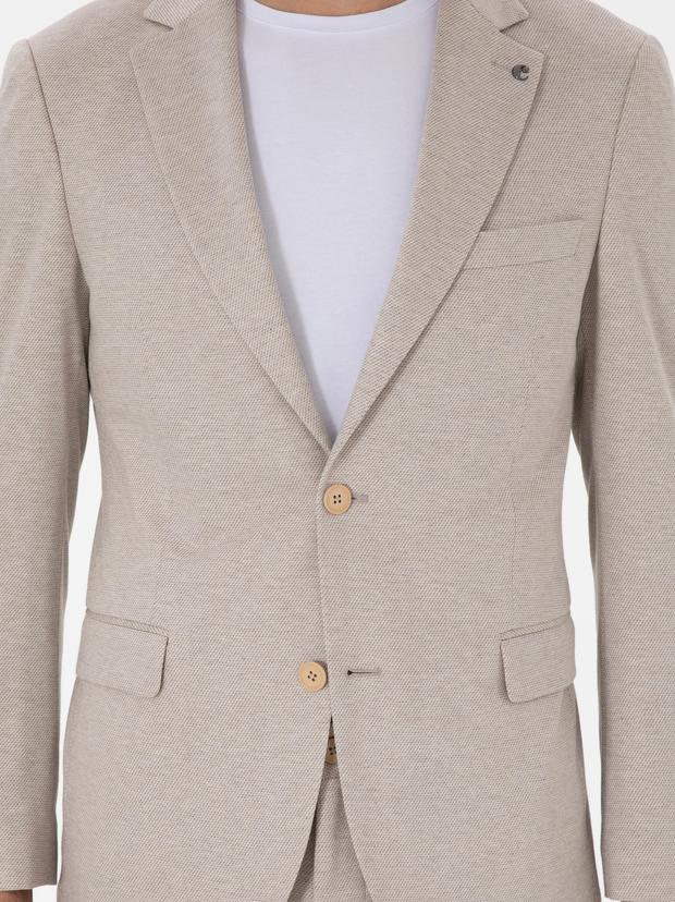 Bej Slim Fit Dokulu Takım Elbise