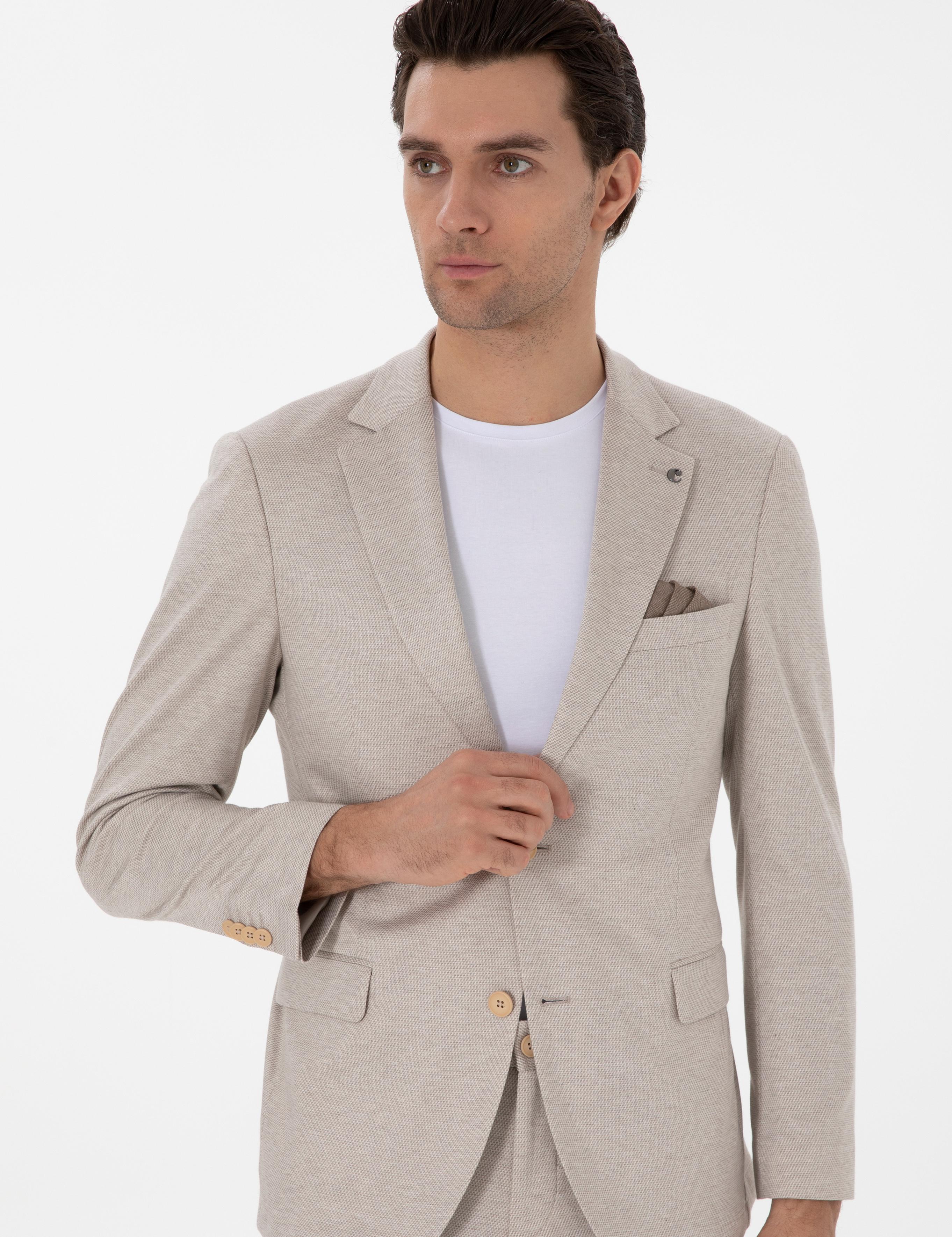 Bej Slim Fit Dokulu Takım Elbise - 50307680038
