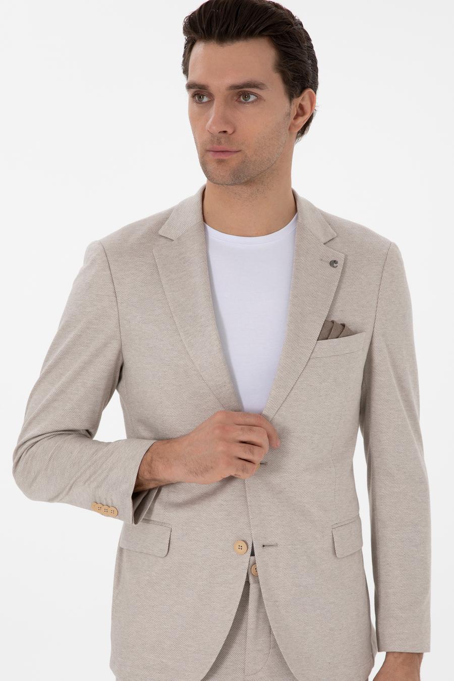 Bej Slim Fit Dokulu Takım Elbise - 50307680038