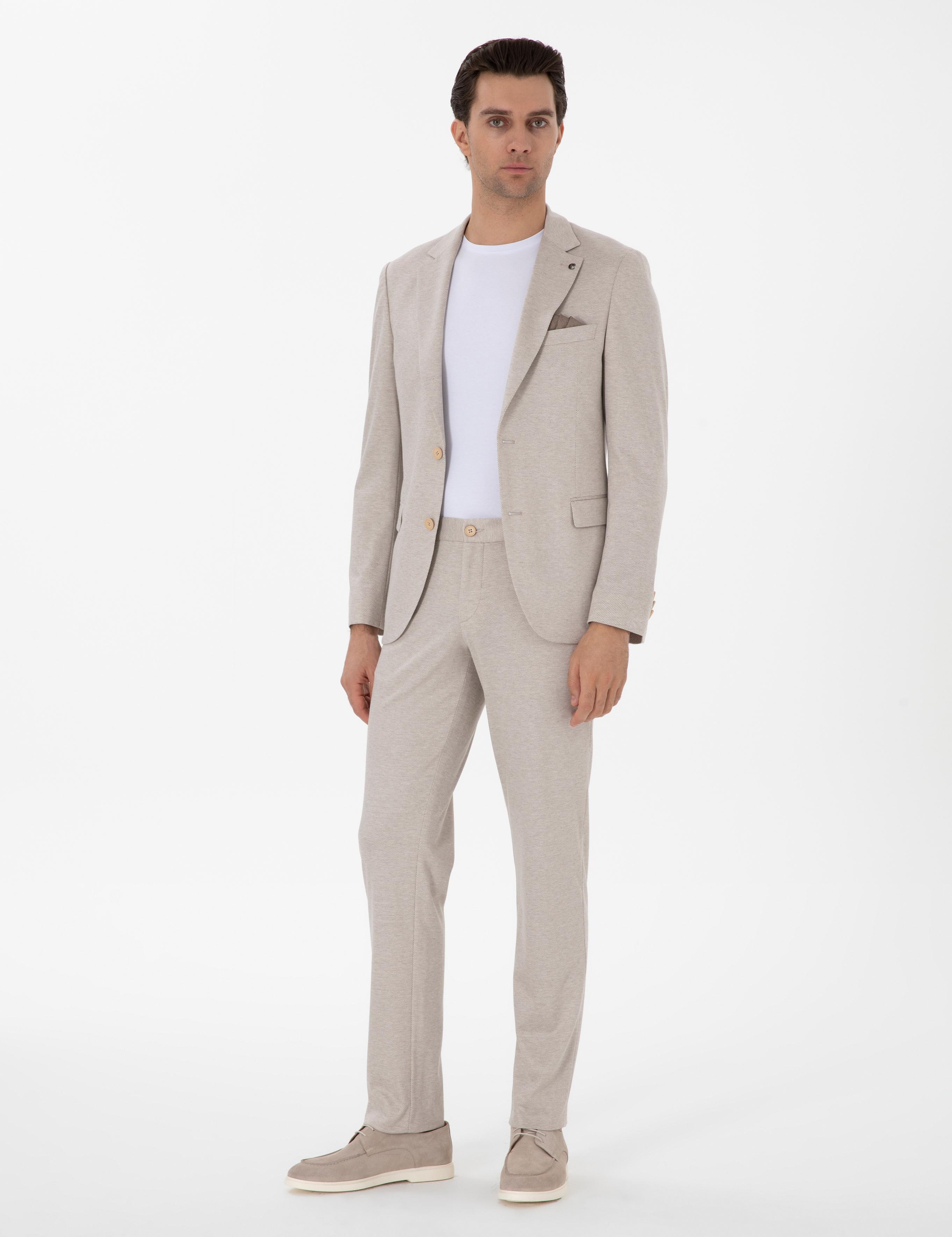 Bej Slim Fit Dokulu Takım Elbise - 50307680038