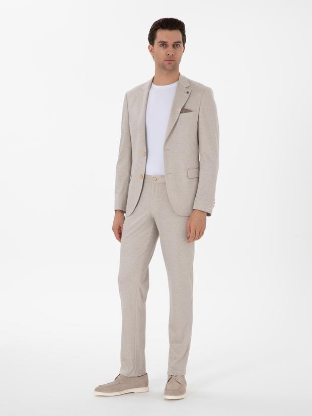 Bej Slim Fit Dokulu Takım Elbise