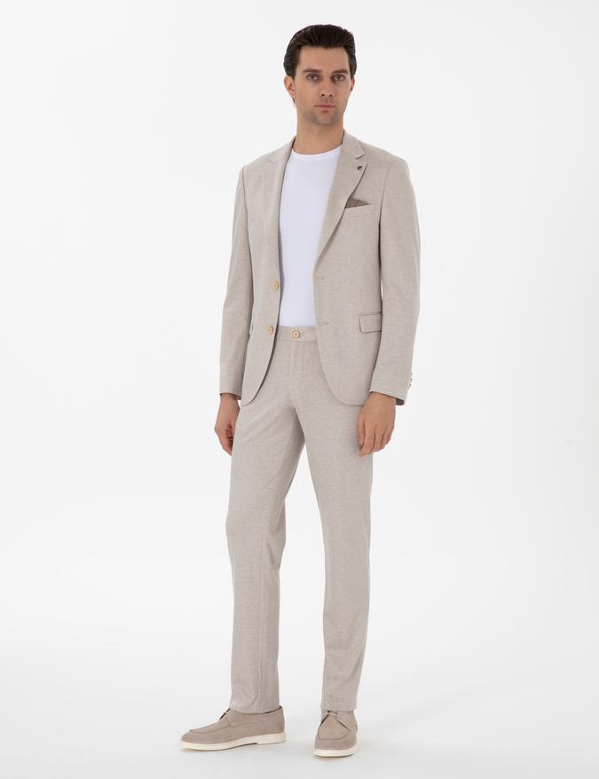 Bej Slim Fit Dokulu Takım Elbise