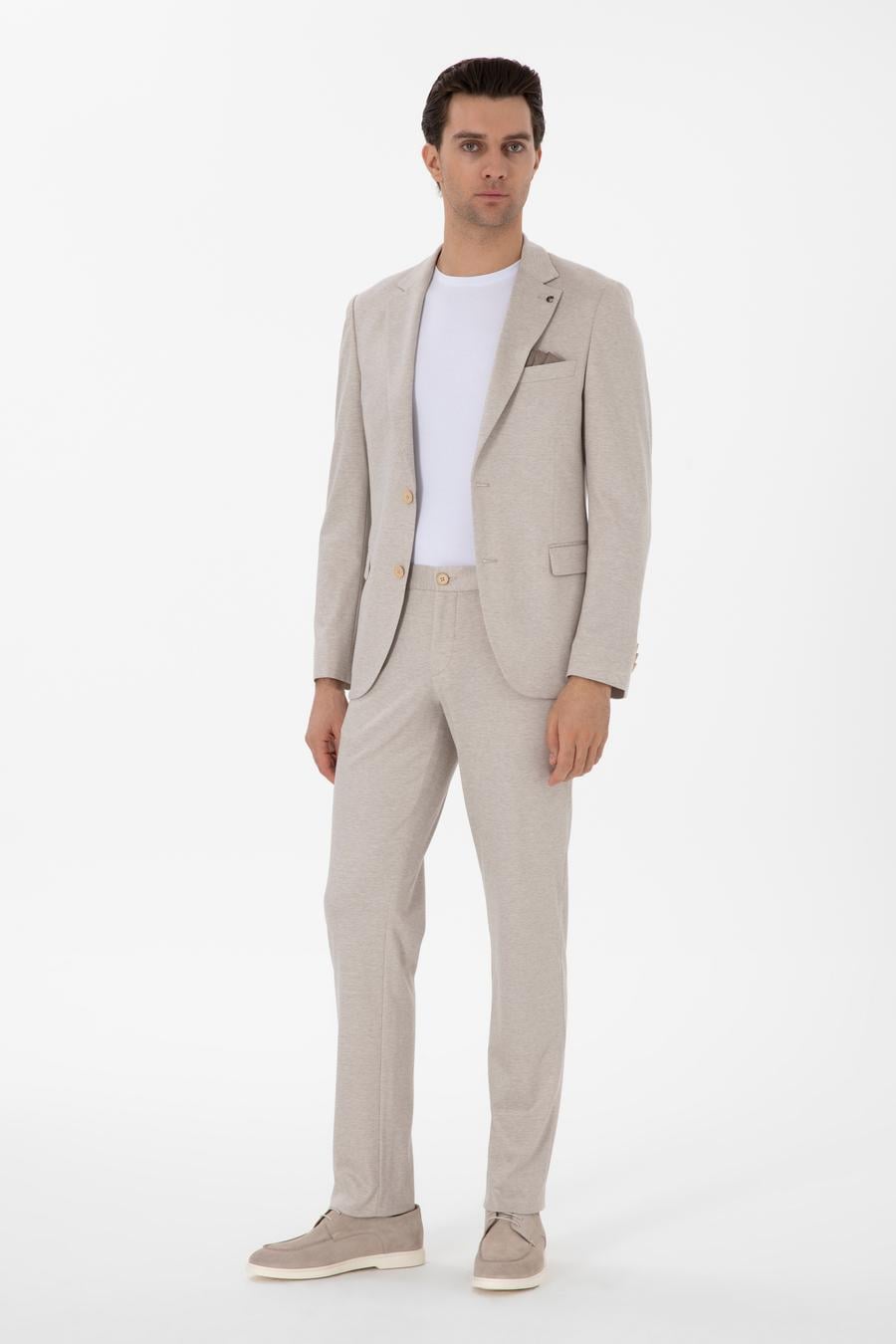 Bej Slim Fit Dokulu Takım Elbise - 50307680038