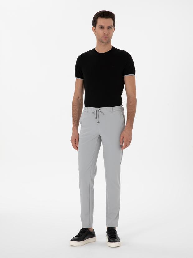 Açık Gri Slim Fit Beli Bağcıklı Esnek Klasik Pantolon