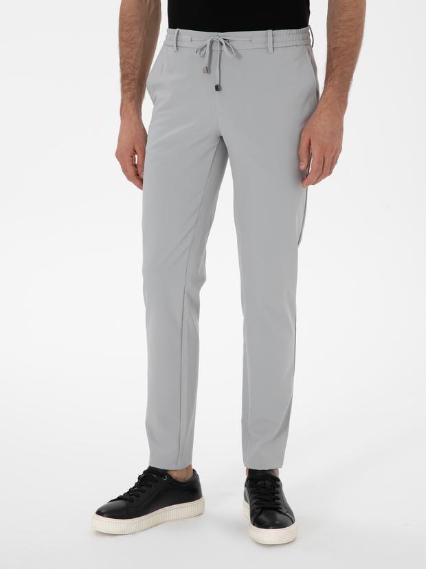 Açık Gri Slim Fit Beli Bağcıklı Esnek Klasik Pantolon
