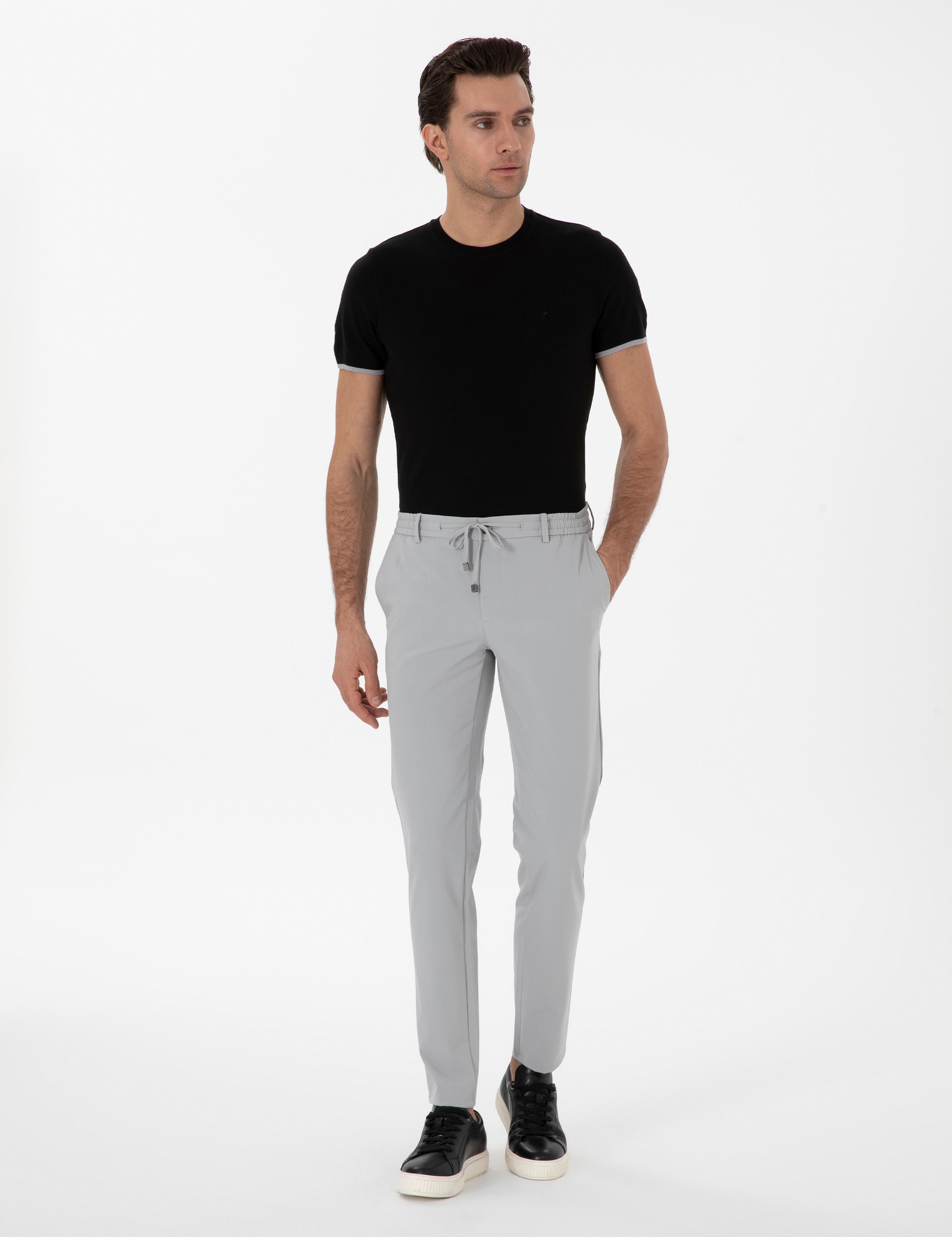 Açık Gri Slim Fit Beli Bağcıklı Esnek Klasik Pantolon - 50310507041