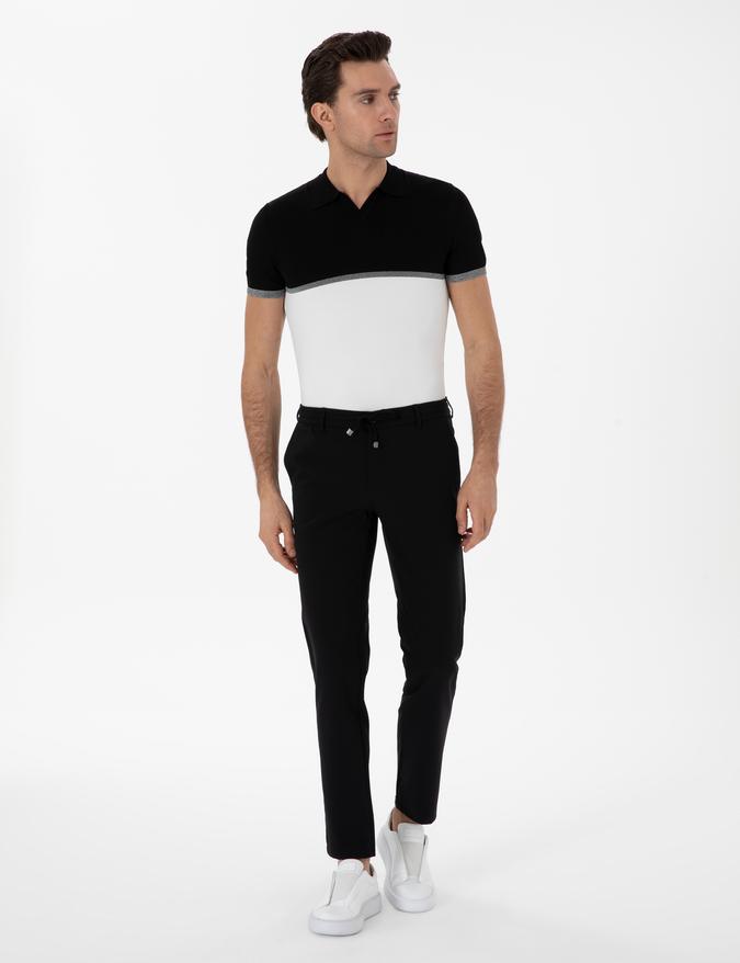 Siyah Slim Fit Beli Bağcıklı Esnek Klasik Pantolon