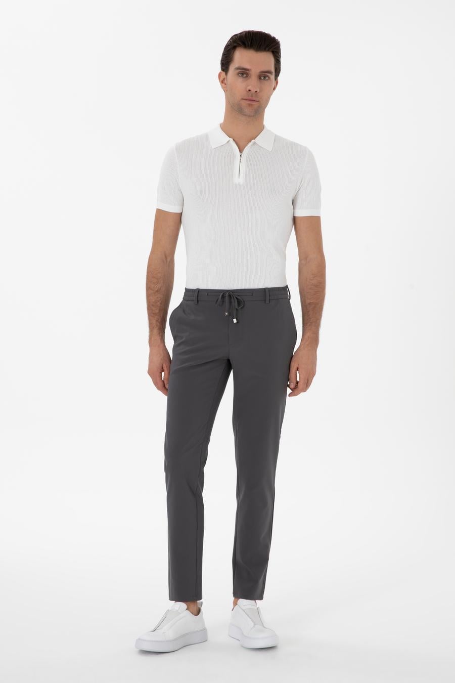 Antrasit Slim Fit Beli Bağcıklı Esnek Klasik Pantolon - 50310507046