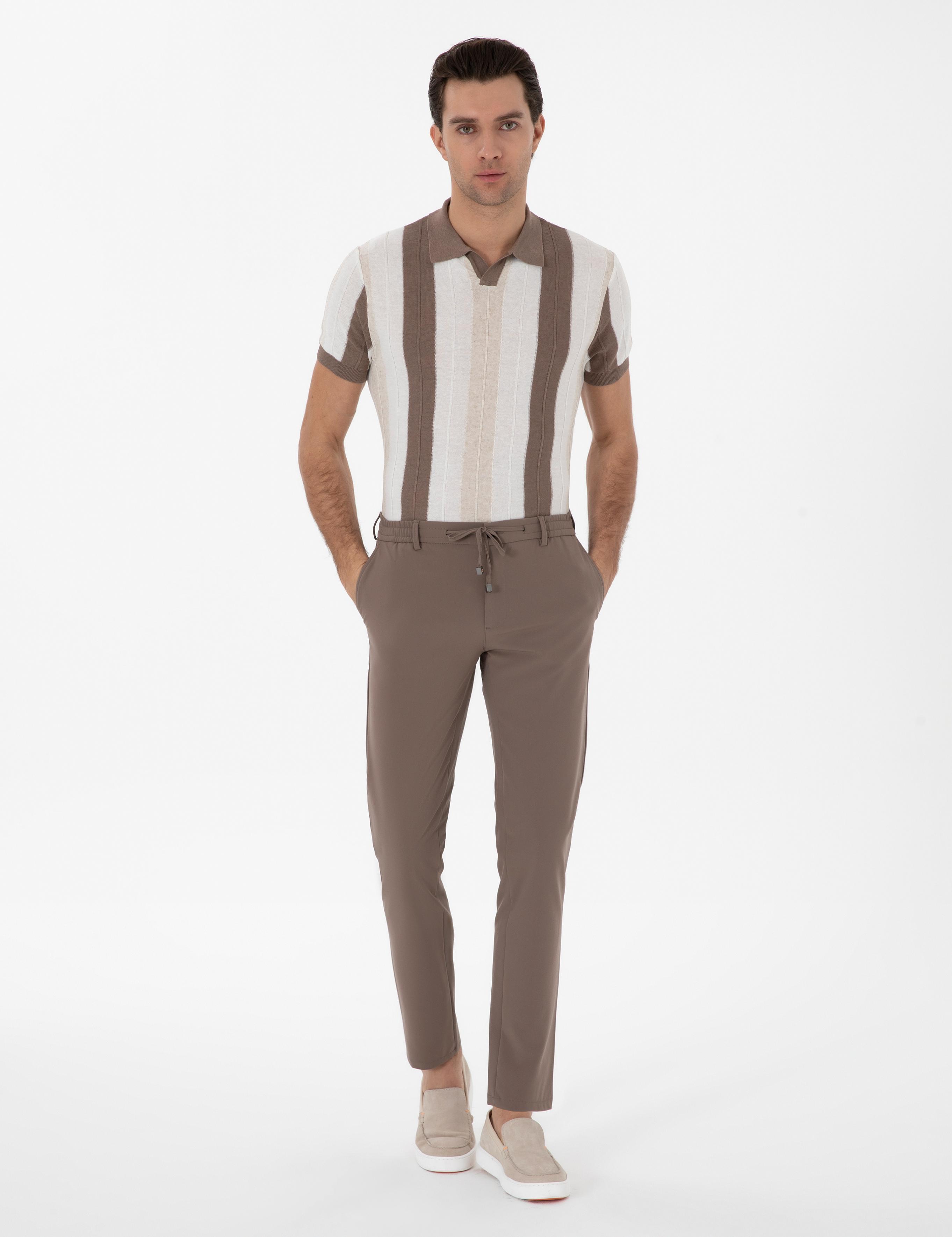 Bej Slim Fit Beli Bağcıklı Esnek Klasik Pantolon - 50310507027