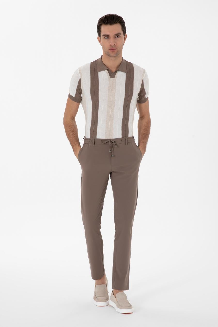 Bej Slim Fit Beli Bağcıklı Esnek Klasik Pantolon - 50310507027