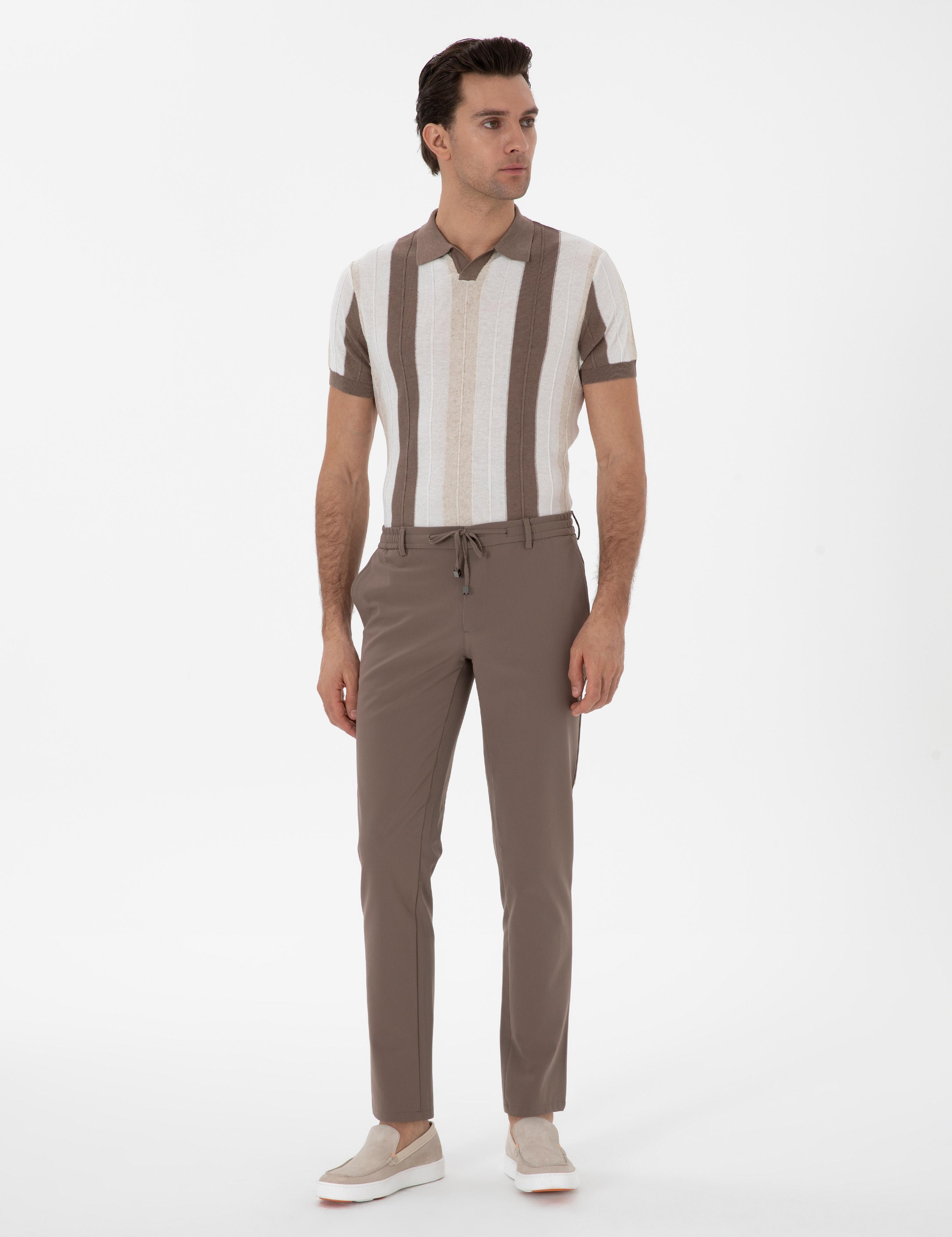 Bej Slim Fit Beli Bağcıklı Esnek Klasik Pantolon - 50310507027