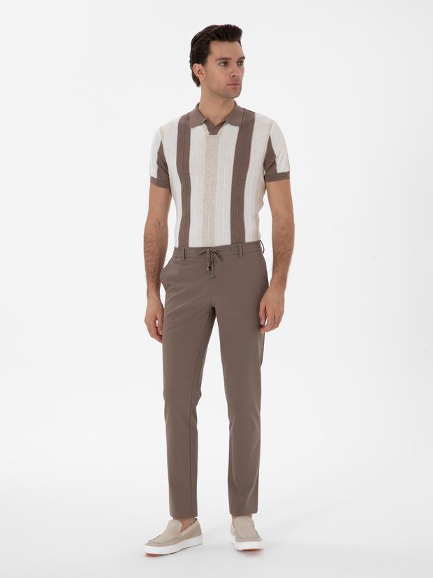 Bej Slim Fit Beli Bağcıklı Esnek Klasik Pantolon