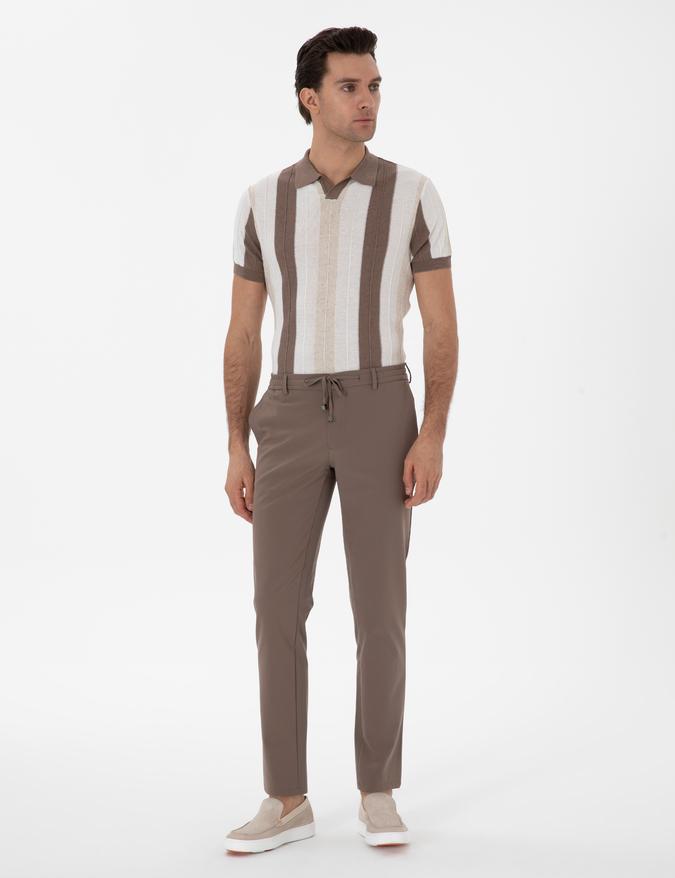 Bej Slim Fit Beli Bağcıklı Esnek Klasik Pantolon