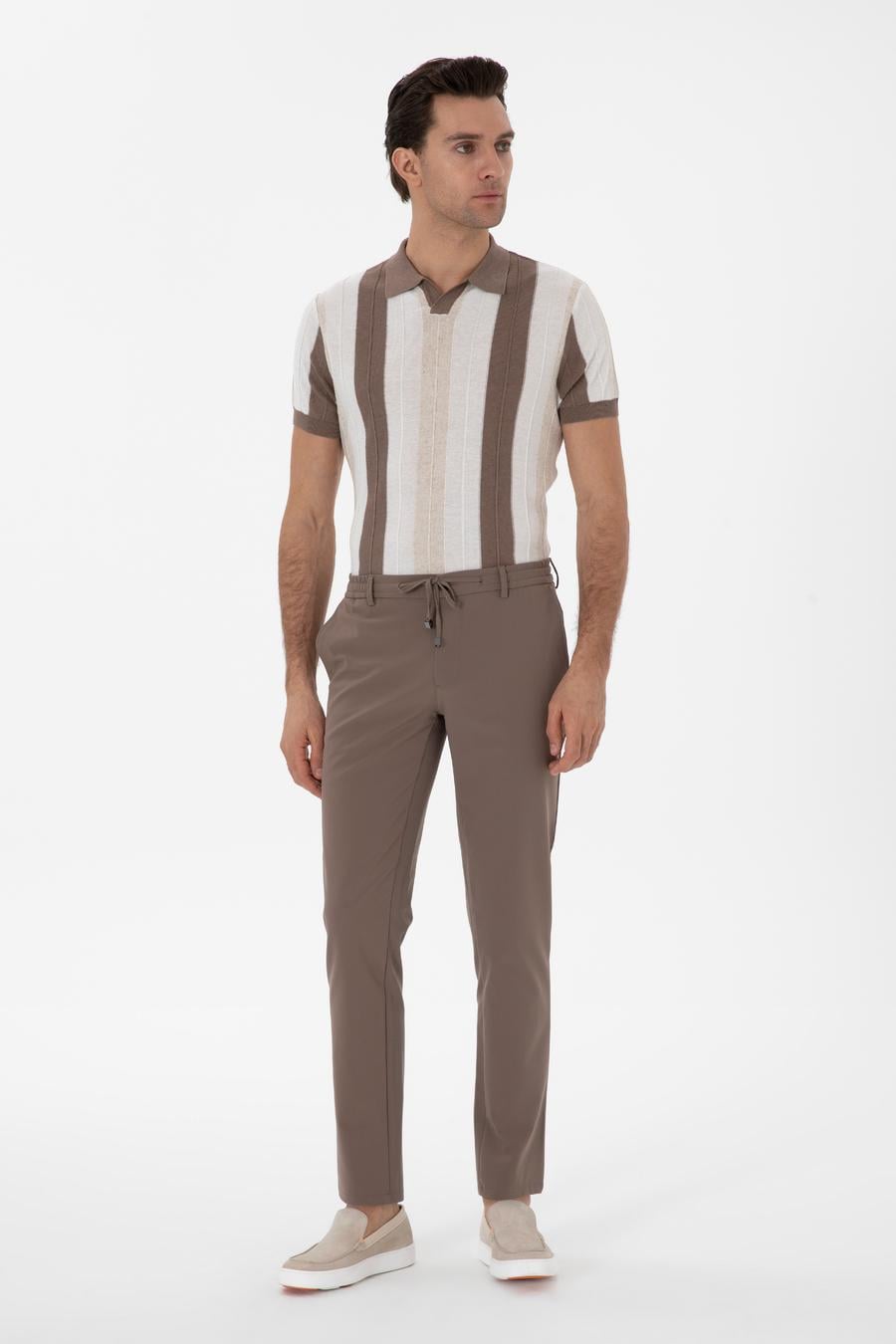 Bej Slim Fit Beli Bağcıklı Esnek Klasik Pantolon - 50310507027