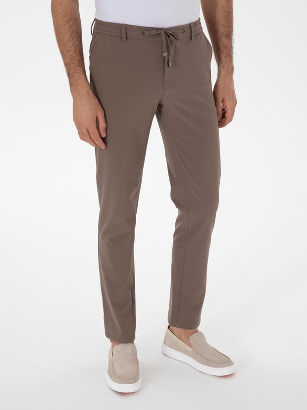 Bej Slim Fit Beli Bağcıklı Esnek Klasik Pantolon