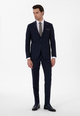 Lacivert Slim Fit Düz Yün Takım Elbise