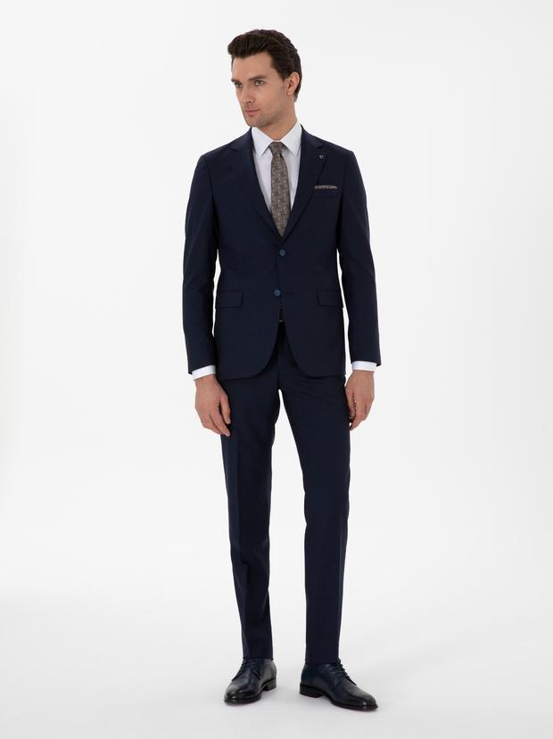 Lacivert Slim Fit Düz Yün Takım Elbise