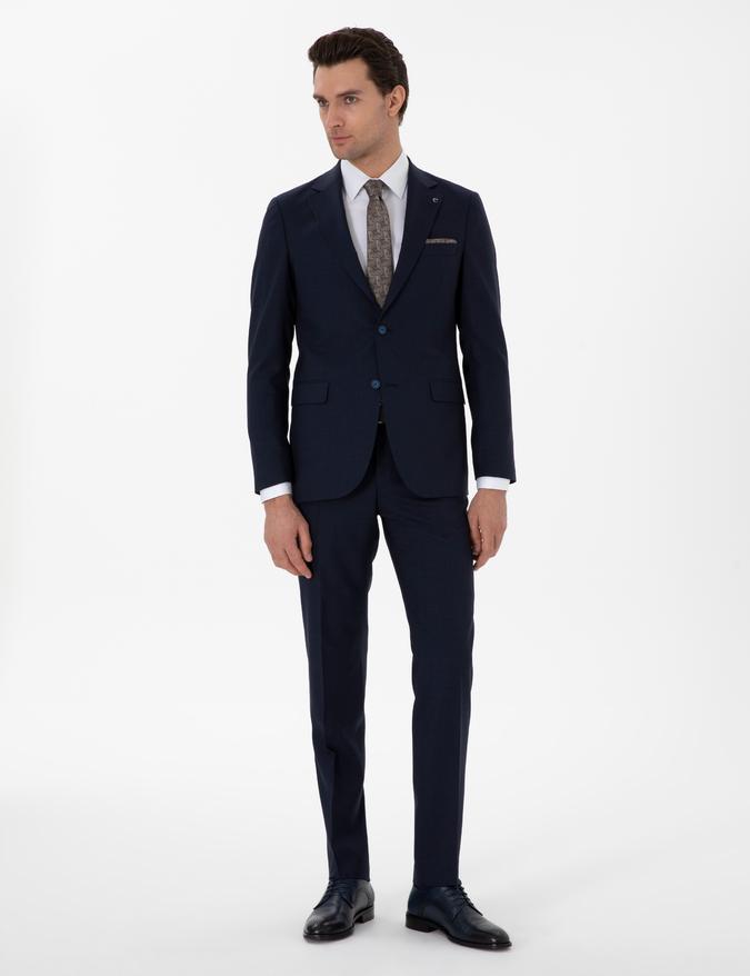 Lacivert Slim Fit Düz Yün Takım Elbise