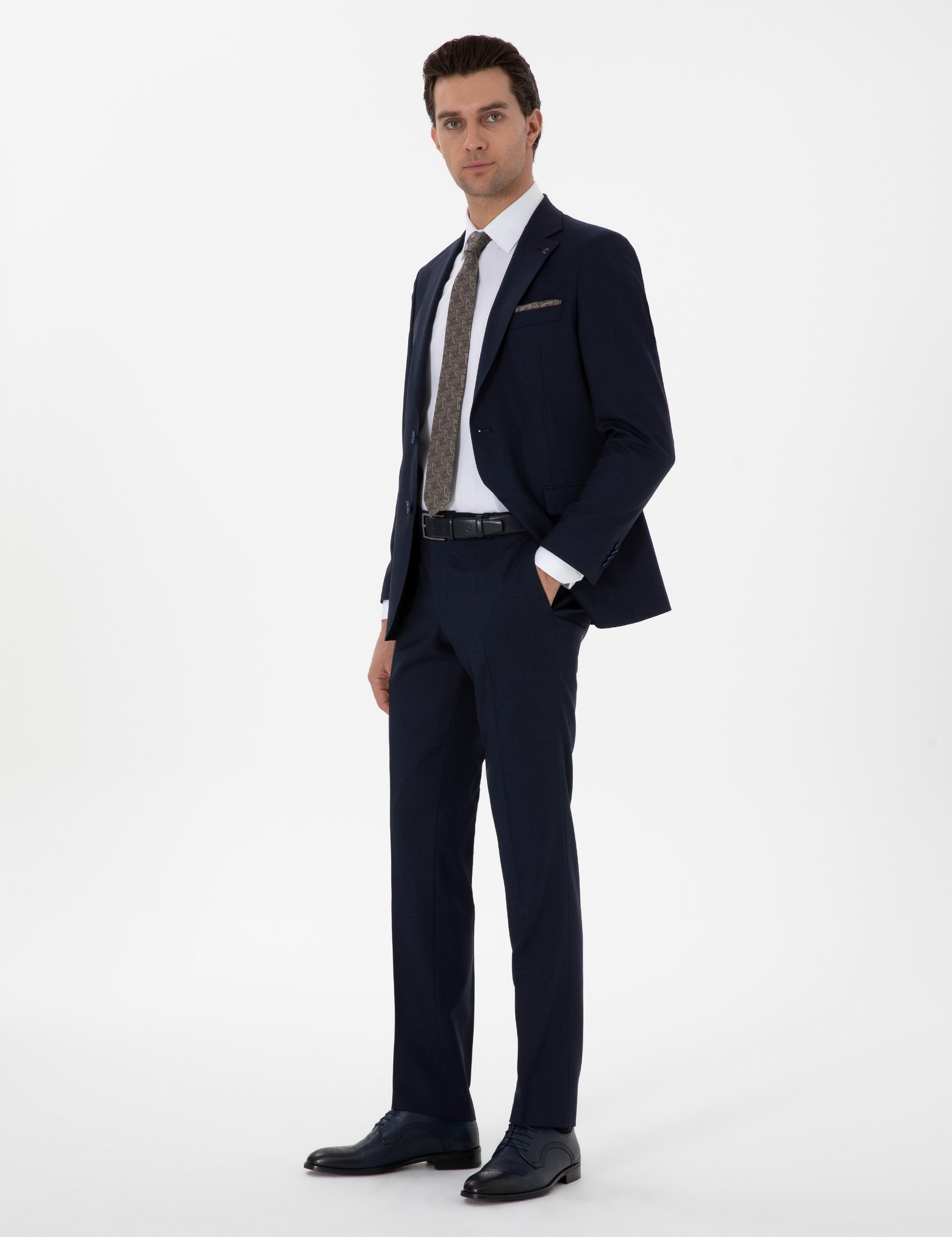 Lacivert Slim Fit Düz Yün Takım Elbise - 50306130005
