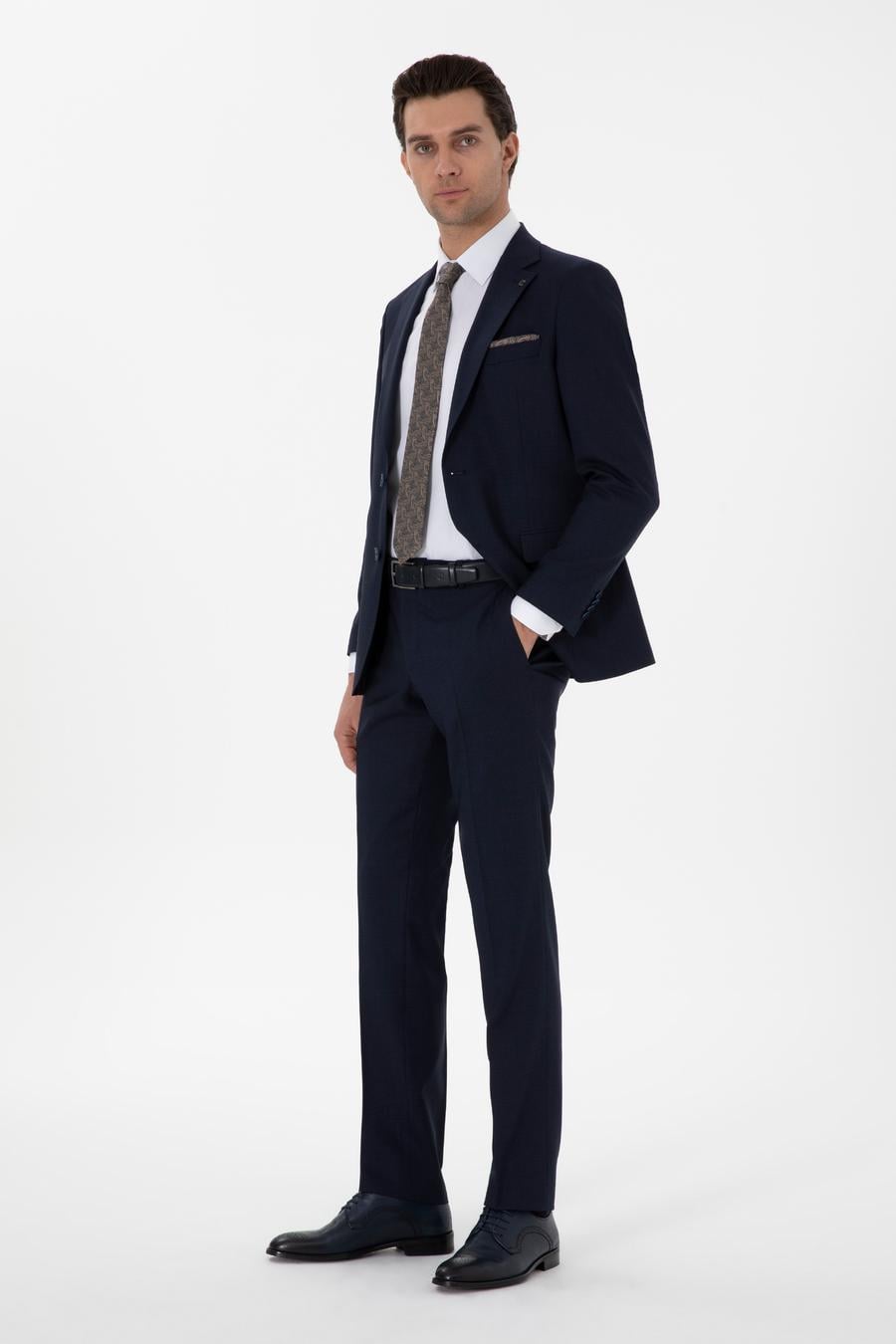Lacivert Slim Fit Düz Yün Takım Elbise - 50306130005