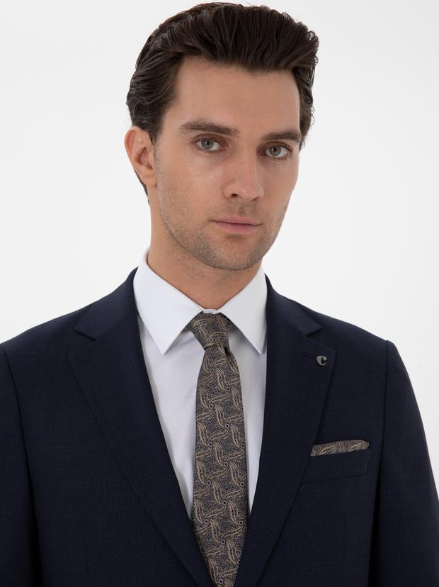 Lacivert Slim Fit Düz Yün Takım Elbise
