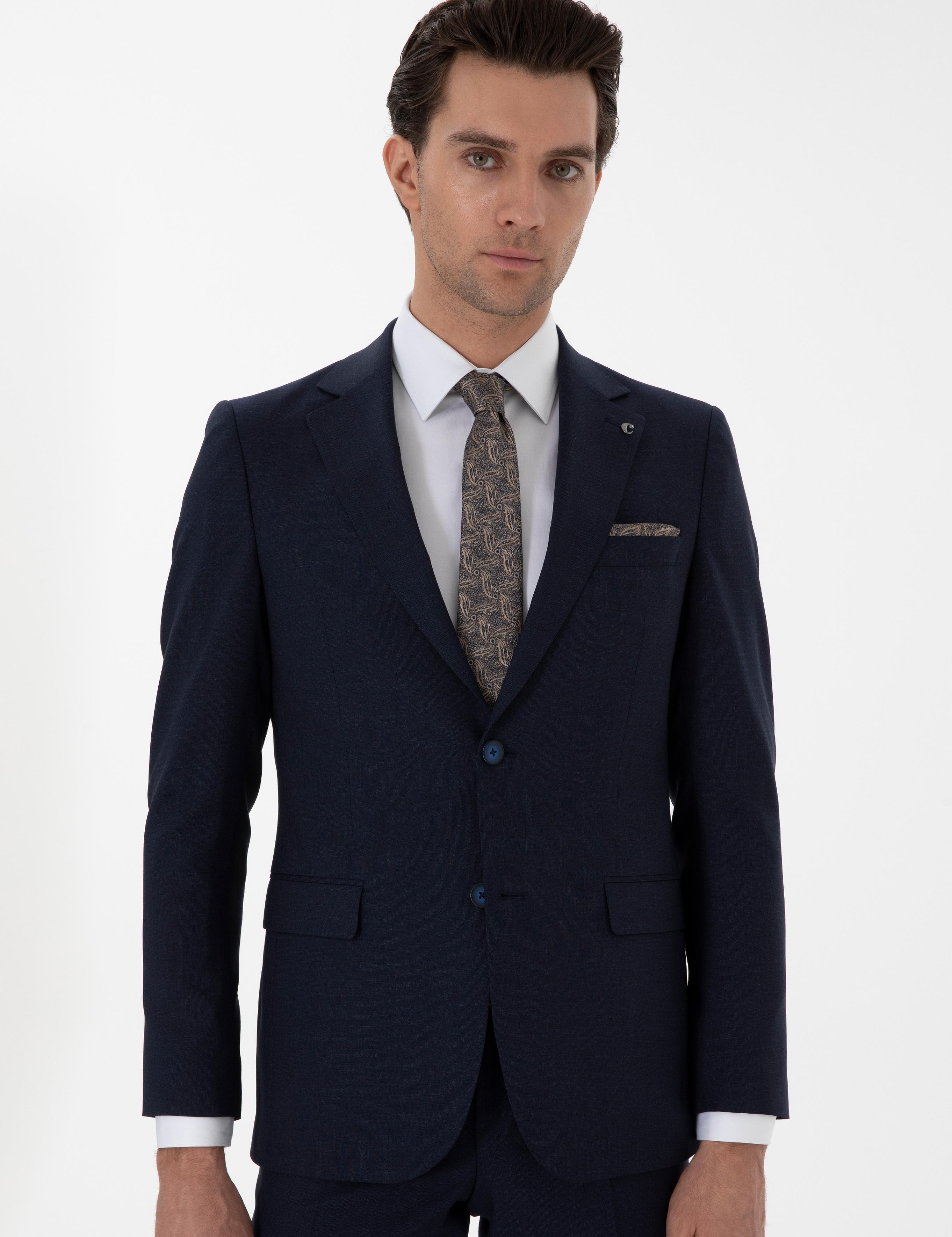 Lacivert Slim Fit Düz Yün Takım Elbise - 50306130005