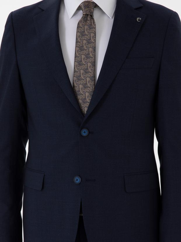 Lacivert Slim Fit Düz Yün Takım Elbise