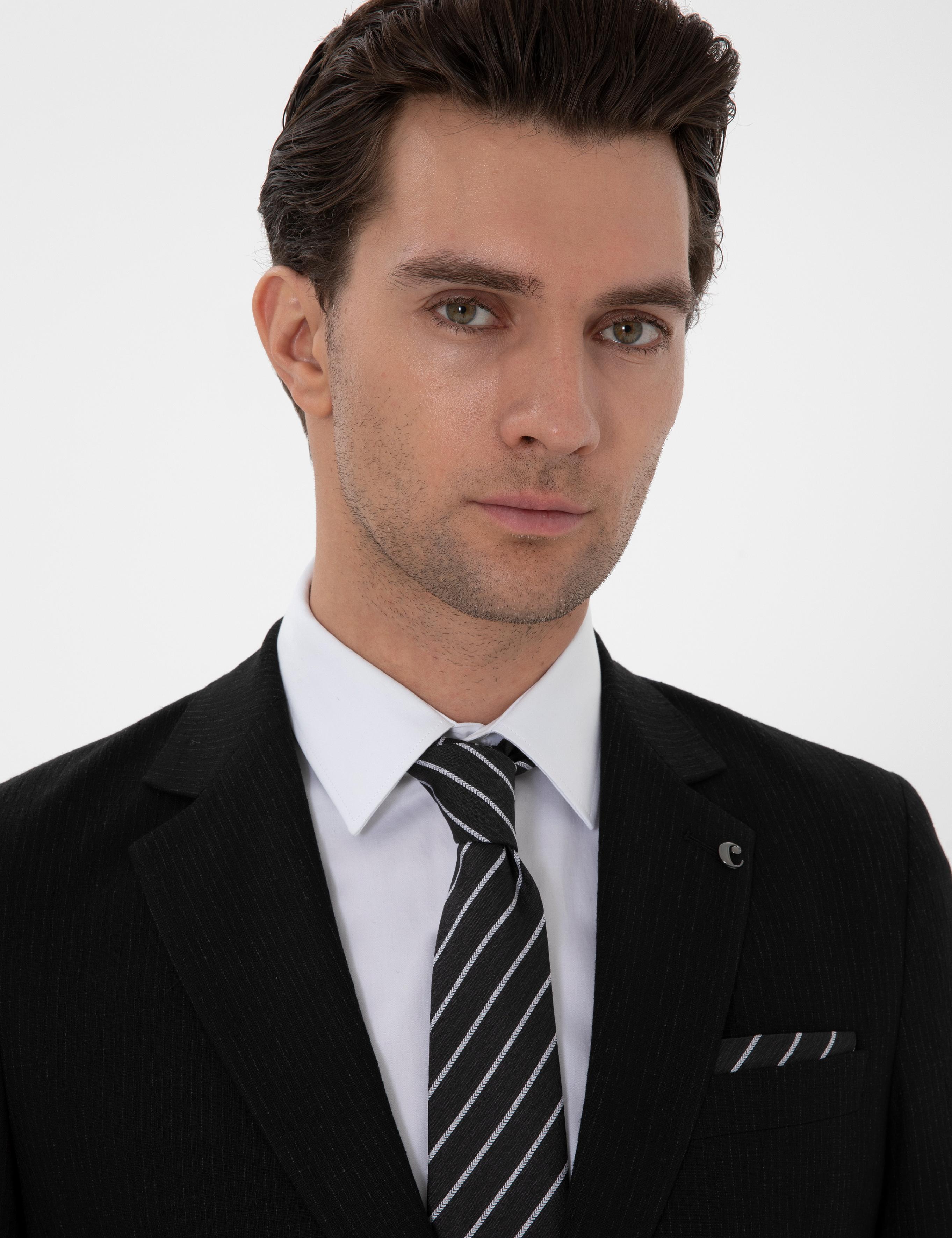 Siyah Slim Fit Keten Karışımlı Takım Elbise - 50306955005
