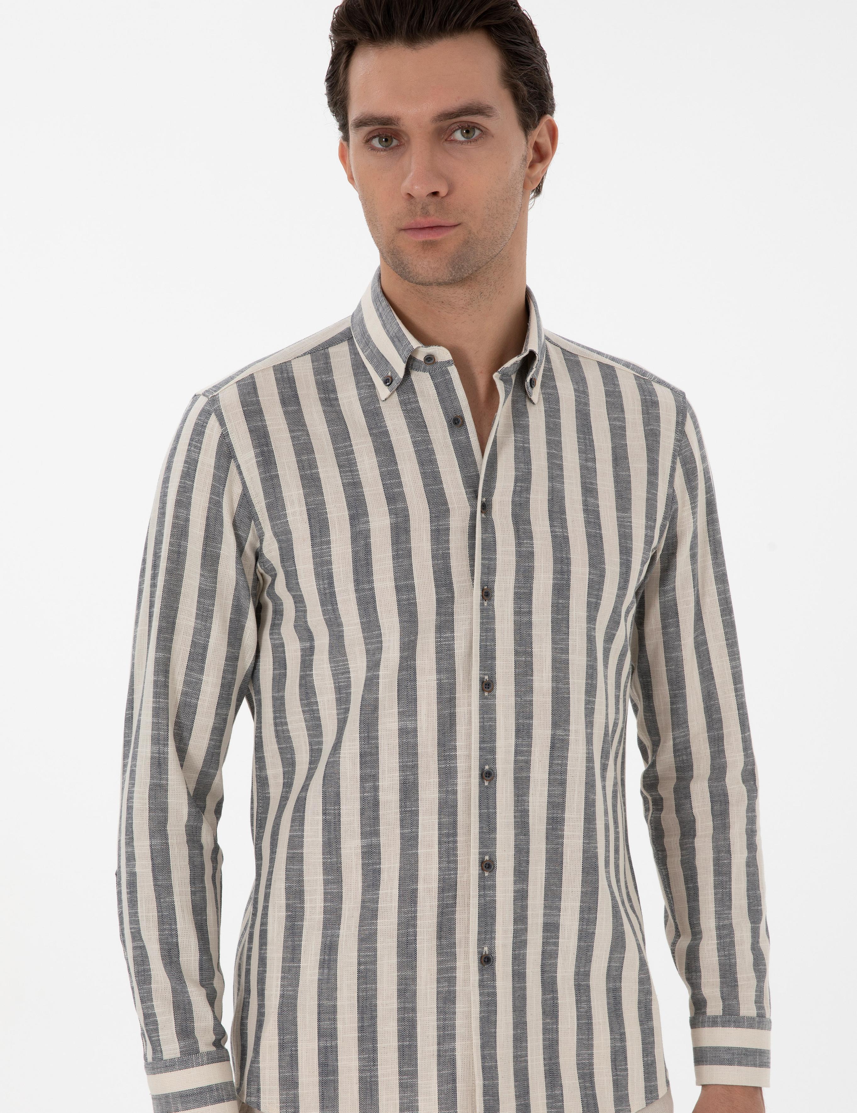 Lacivert Slim Fit Çizgili Pamuklu Gömlek - 50311079037