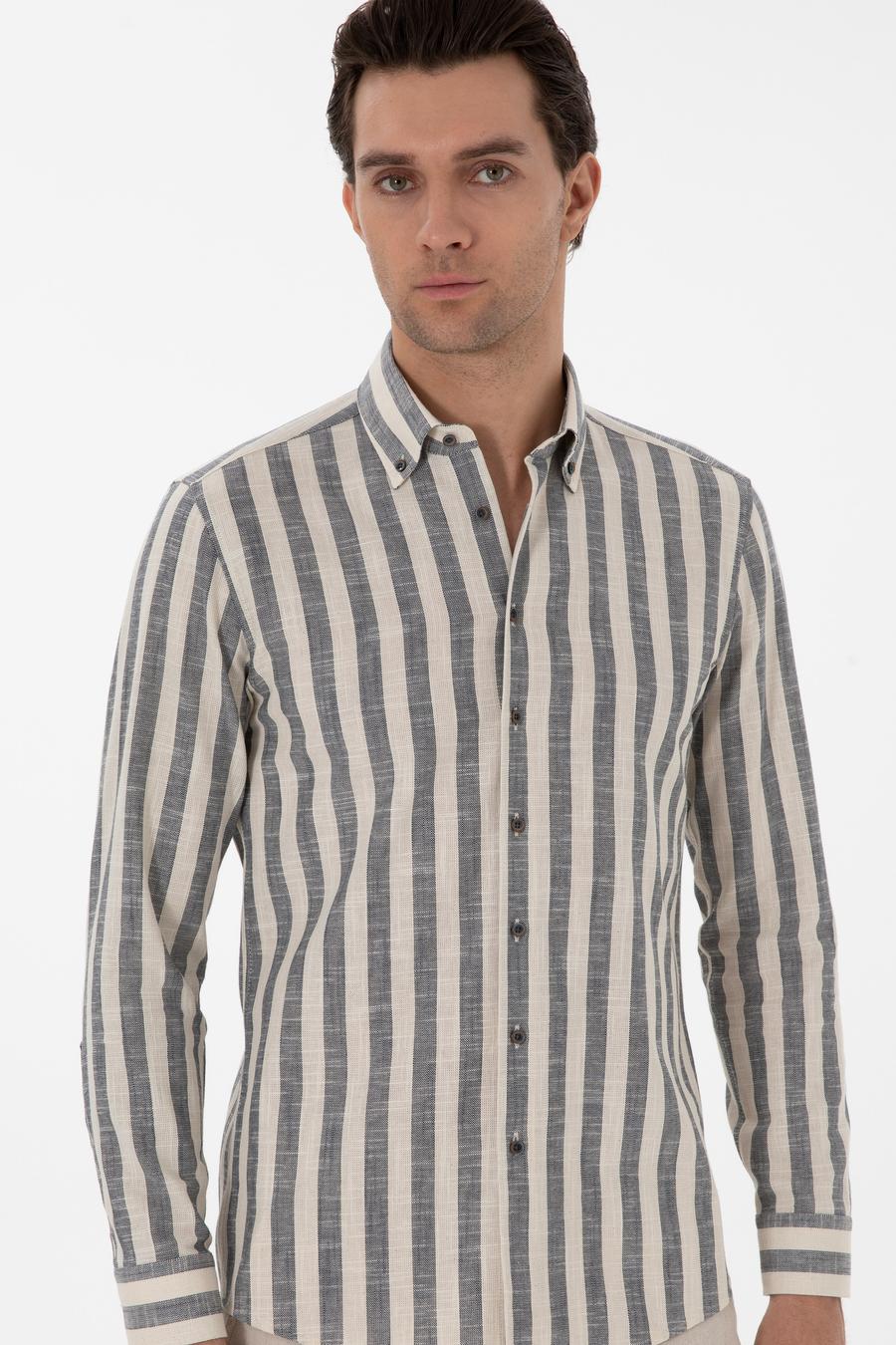 Lacivert Slim Fit Çizgili Pamuklu Gömlek - 50311079037