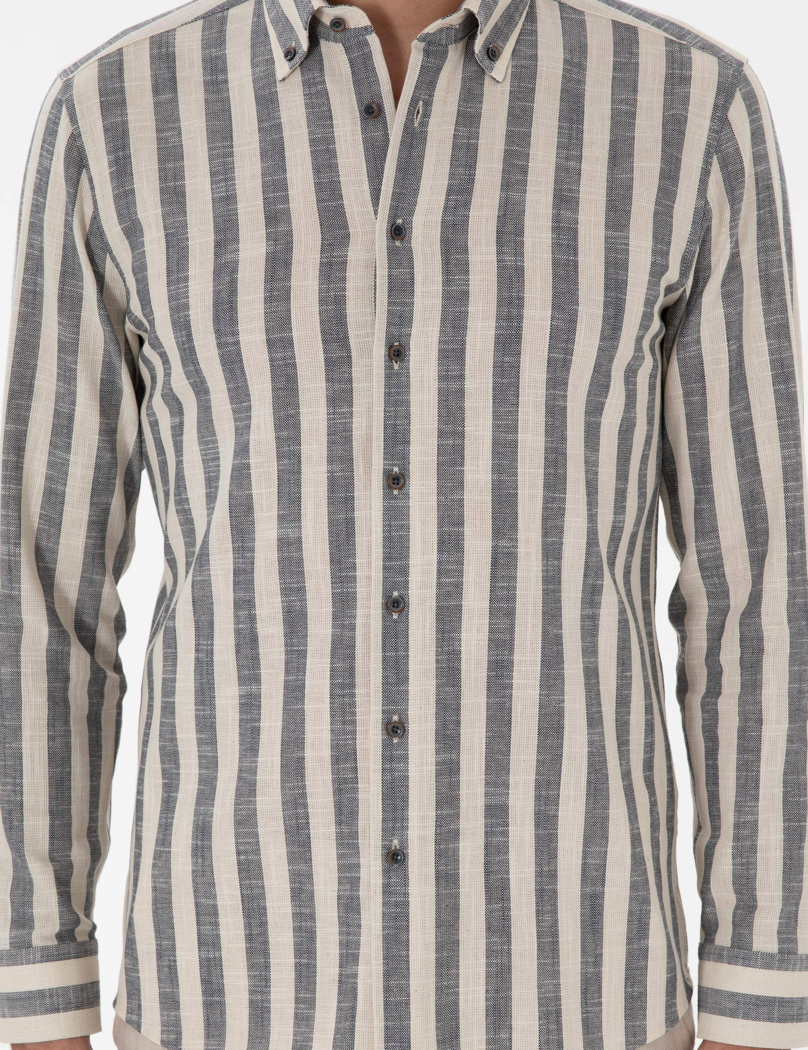 Lacivert Slim Fit Çizgili Pamuklu Gömlek - 50311079037