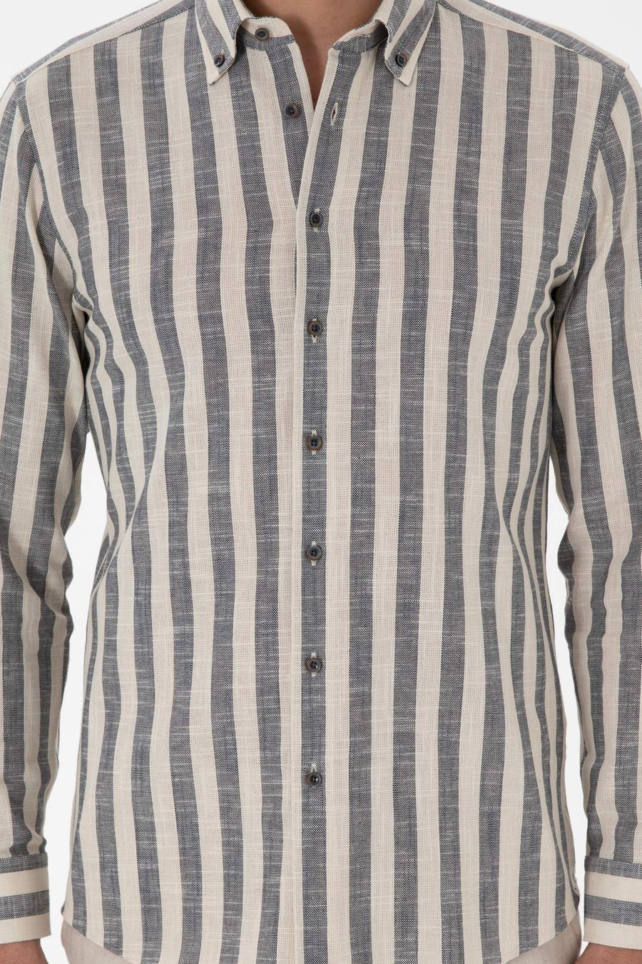 Lacivert Slim Fit Çizgili Pamuklu Gömlek - 50311079037