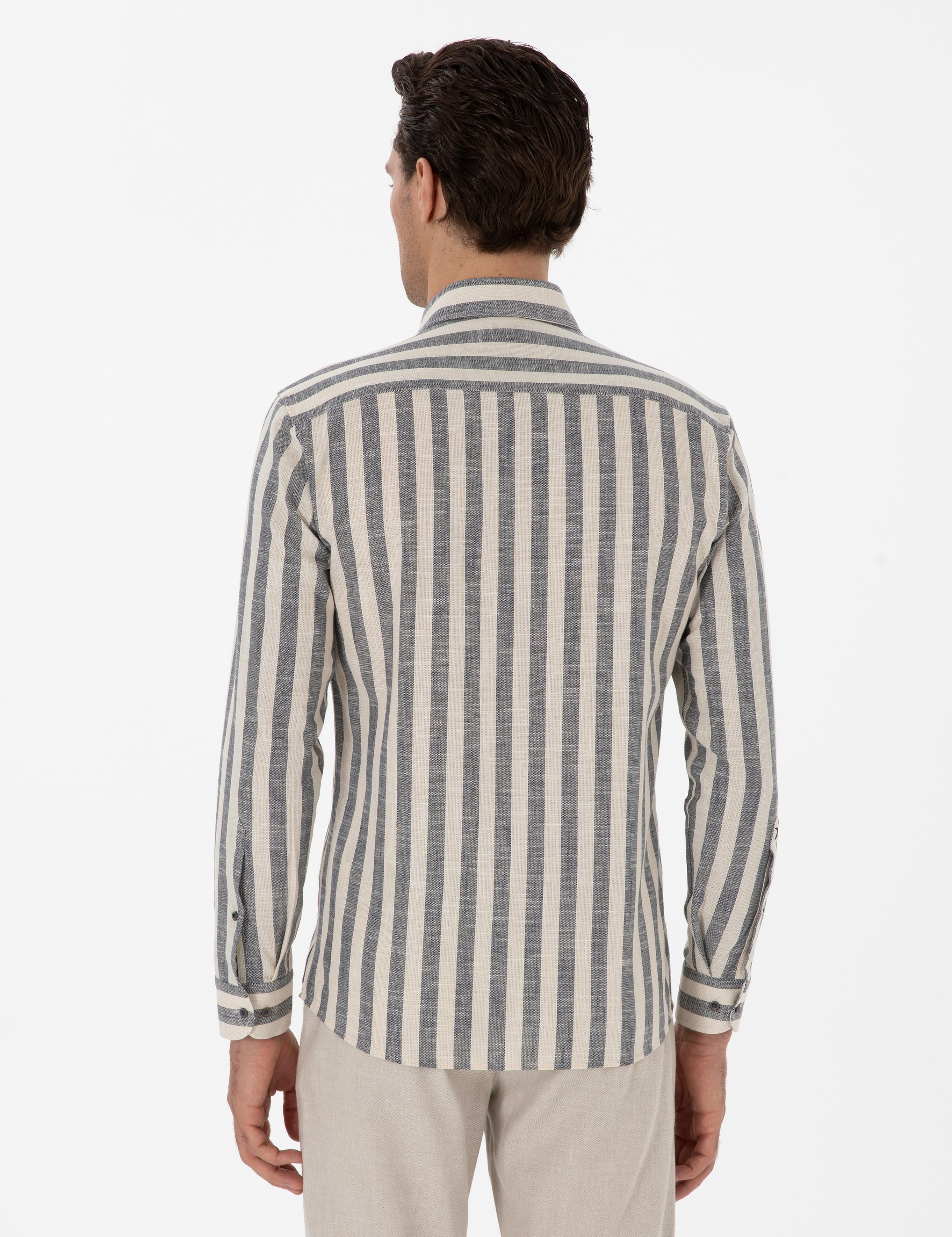 Lacivert Slim Fit Çizgili Pamuklu Gömlek - 50311079037