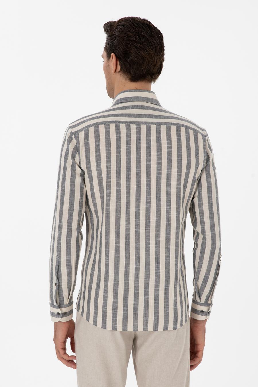 Lacivert Slim Fit Çizgili Pamuklu Gömlek - 50311079037