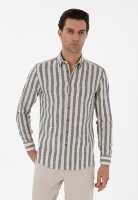 Lacivert Slim Fit Çizgili Pamuklu Gömlek
